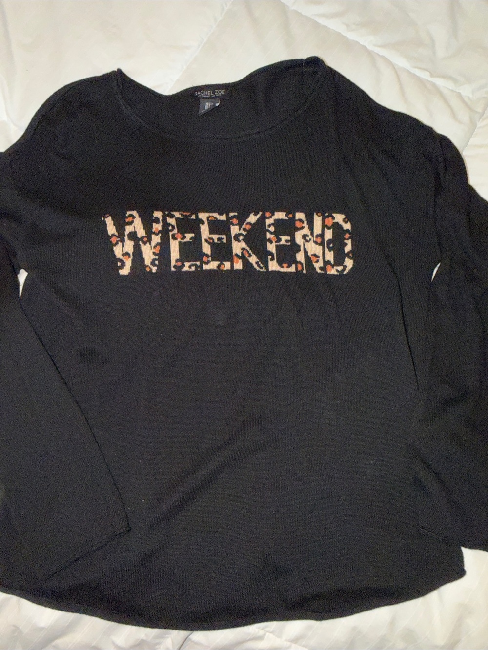 RACHEL Rachel Roy Black Crewneck Sweater with Leopard 'WEEKEND' Graphic